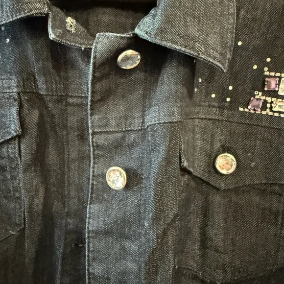 Chico's Dark Blue Embellished Denim Jacket with Blue & Purple Accents - Picture 4 of 7